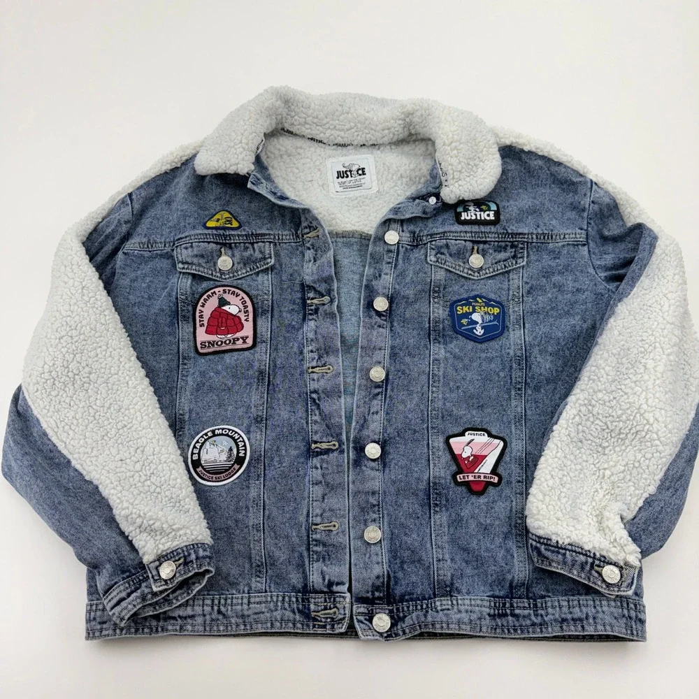 Justice Peanuts Snoopy Sherpa Denim‎ Jacket Blue Acid Wash Girls XL Plus 16P 18P